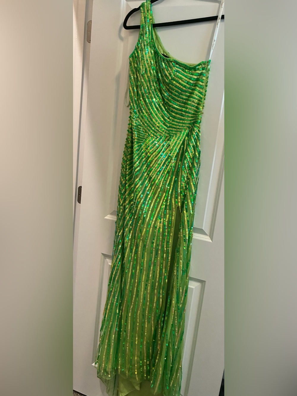 Mac Duggal Lime Green One-Shoulder Sequin Dress